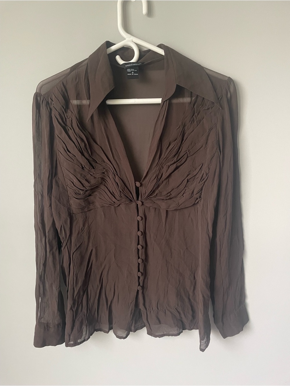 Y2K Moda International 100% Silk Chocolate Brown Sheer Button-up Blouse vintage